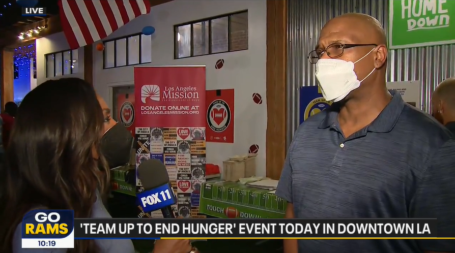 Rams legend Eric Dickerson speaks at ‘Team Up to End Hunger’ event in DTLA on Super Sunday